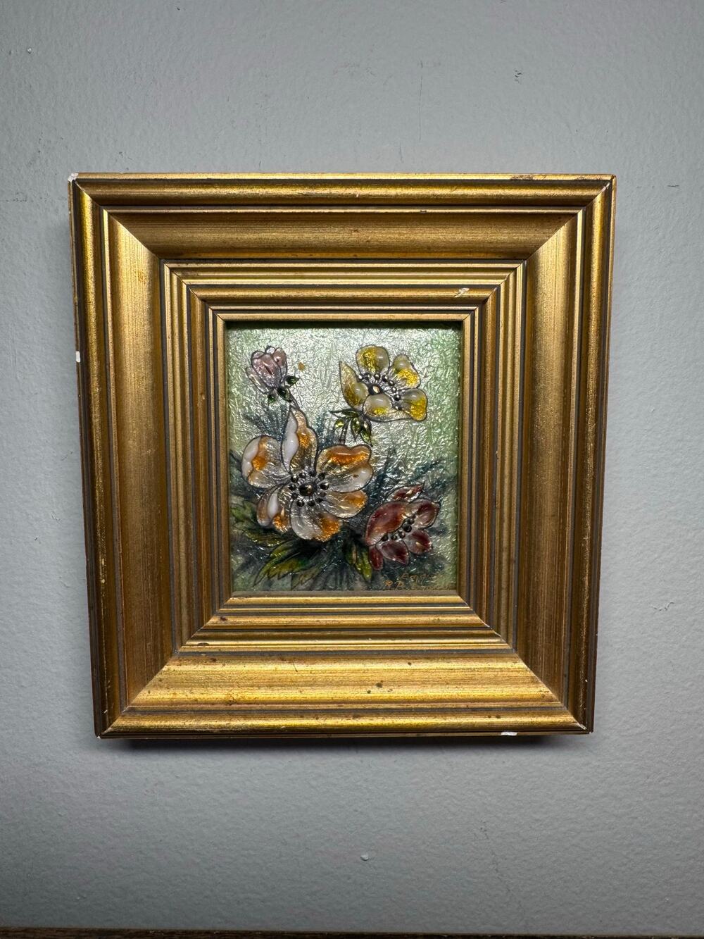 Vintage Enamel on Copper Signed Rene “R.” Bonhomme Gilded Framed Painting 4.5x5